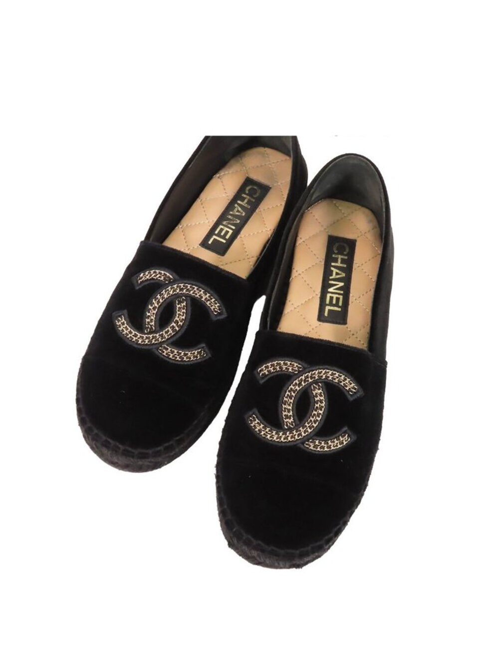 Chanel Espadrilles Black Gold Velvet Jute Flat Shoes Slip-on Chain CC Logo